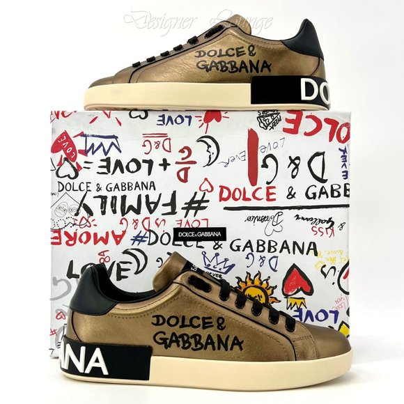 NEW DOLCE & GABBANA Gold-Tone Leather Logo Men's PORTOFINO Sneakers EU 42 / US 9 - Picture 10 of 10